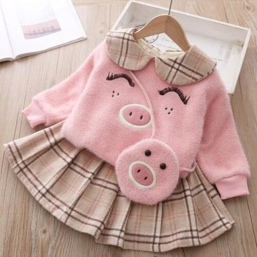 Winter Plush baby girls pig fleece plaid coat+skirt+bag 3cps sets child cute skirt kids