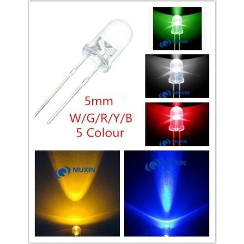 100pcs F5 Transparent Round 5mm super bright water clear Green Red white Yellow Blue Light LED bulbs emitting diode