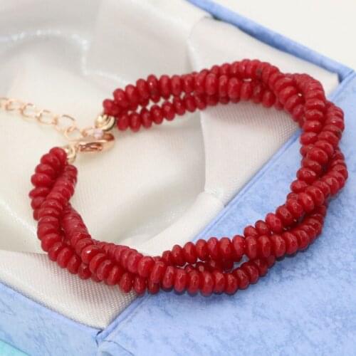 3 row rose gold-color clasps red stone jades chalcedony abacus faceted 2*4mm multilayer bracelet women jewelry 7.5inch B2783