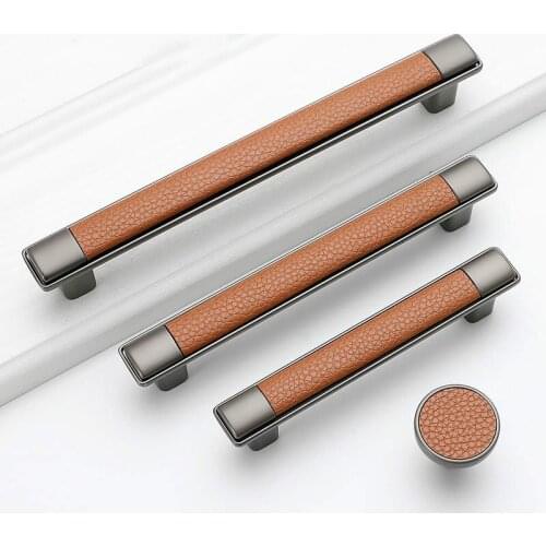 4pcs European Furniture Handles Brown Leather Knobs and Handles for Kitchen Cupboards Cabinet Zinc Alloy Door knobs Drawer Pulls