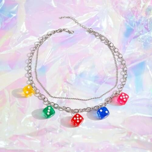 90s Aesthetic Rainbow Dice Necklace for Women Metal Double Punk Geometry Hip Hop Goth Necklace Charms Y2K Jewelry Gifts 2021