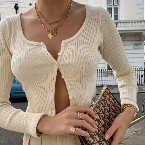 Women Fashion Green tshirt Long Sleeve T-shirt Woman Basic Knitted Crop Tops O-neck Buttons T Shirts Harajuku Casual tees Female