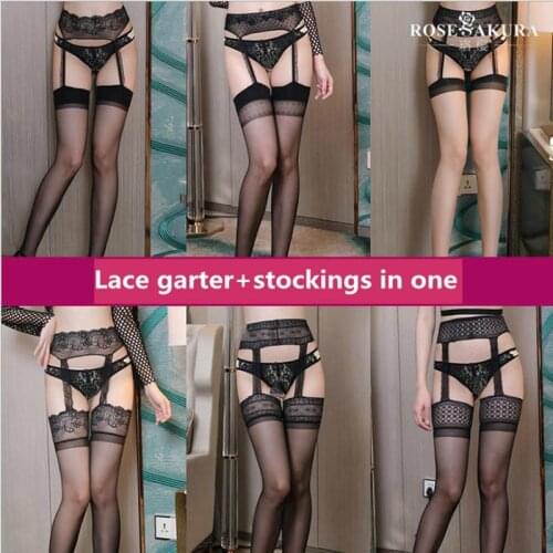 12D Women sexy garter belt stockings in one thigh high socks Transparent Silk lace black Stockings jarretelles sexy knee socks