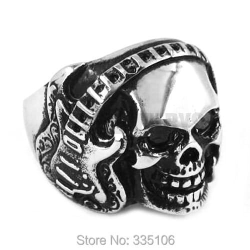 Gothic Listening Music Skull Ring Stainless Steel Jewelry Guitar Musical Notes Skull Motor Biker Mens Ring SWR0327A
