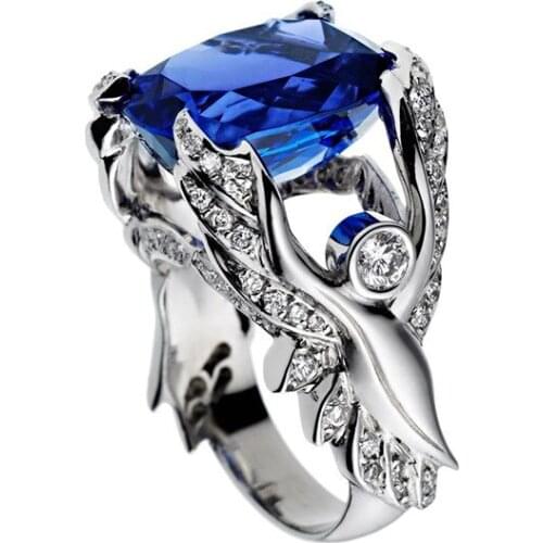 Hainon New Fashion Angel Wing Silver Color Ring for Women Elegant Square Cut Big Blue Zircon Rings Luxury Charm Trendy Jewelry