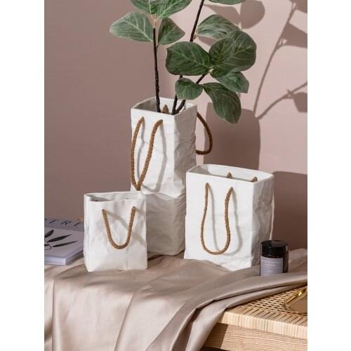 Nordic Handbags Ceramic Vase White Square Rope Pleated Paper Bags Flower Pot Water Planting Room Home Decoration Accessories