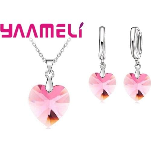 S925 Sterling Silver Women Bridal Jewelry Set Fashion Austrian Crystal Heart Sahped Pendant Necklace Earrings Set for Wedding
