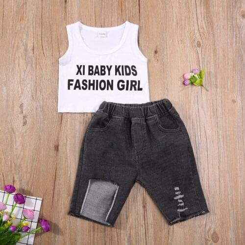 Summer Kids Girls Vest and Shorts Suit Fashion Letter Sleeveless Tops Ripped Denim Short Pants Set for 3-15 Years Girl Clothes