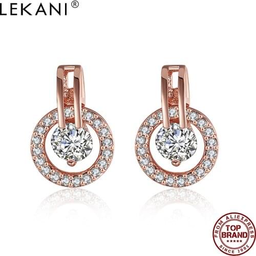 LEKANI Round Rose Gold Stud Earrings For Women Dazzling Clean Cubic Zirconia Earring Anniversary Fashion Jewelry Free Shipping