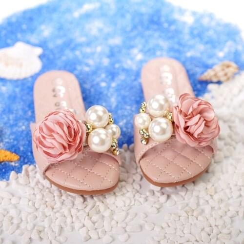 Princess Summer Slippers Baby Girls Sweet Slides Pink Slippers with Big Pearls and Flowers Kids Flats Beach Sandls