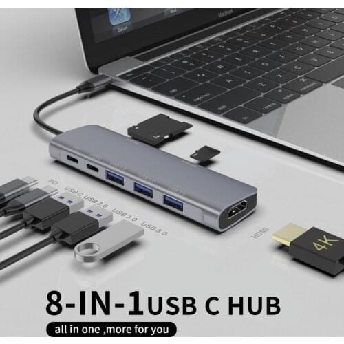 HOT SALES!!! 8-in-1 Type-C Hub to 4K 3 USB 3.0 PD Micro-SD/TF Card Reader USB-C Docking Station Converter HDMI-compatible
