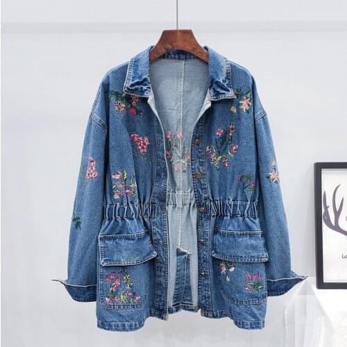 Fashion Embroidery Flowers Denim Jacket Women Outerwear 2021 Autumn Korean Loose Mid Long Elastic Waist Jeans Jacket Coat Female