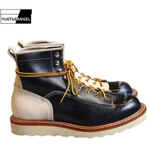 2020 Casual Retro Work Safety Genuine Leather Boots Couple Lace Up Round Toe Army Ankle Boots Men High Top Cowhide Shoes Luxury