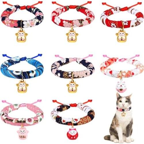 Pet Dogs Cats Collars Japanese Style With Maneki Feng Shui Fortune Lucky Cat Bell for Kitten Puppy Cloth Collar Adjust XS S M L