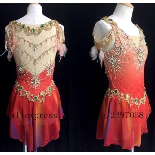 Ice skating dresses for girls competition figure skating dresses red custom spandex crystals kids ice clothes free shipping