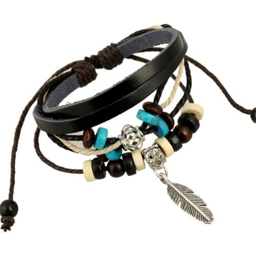 New Trendy Alloy Leaves Charm Multilayer Rope Women Beaded Men Leather Bracelets Bangle For Women Jewelry Accessories Wholesale