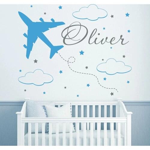 Plane Clouds Nursery Wall Stickers Custom Name Vinyl Removable Wall Sticker For Boys Rooms Wall Decals Bedroom Home Decor ZA039