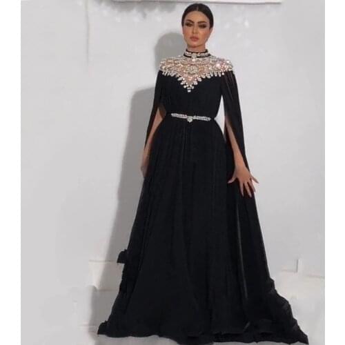 Saudi Arabia Beade Chiffon Evening Dresses with Cape O Neck Long Formal Evening Party Gowns Robe De Soiree
