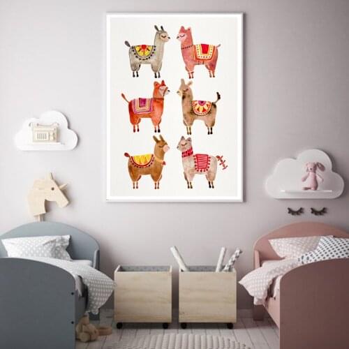 Nordic Style Kids Room Decor Posters Watercolor Llama Canvas Painting Cartoon Animal alpaca Wall Art Picture for Living Room