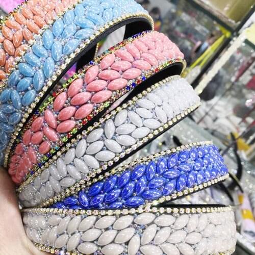 Personality AB Colorful Rhinestones Wide Headband New Baroque Luxury Oval Crytsal Beaded Turban Ethinic Headdress Hair Accessory