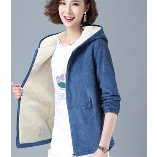 Corduroy Hooded Plus Velvet Coats Women Jacket Korean Loose zipper Short Outwear Casual Buttons Overcoat Female Cloth Jacket