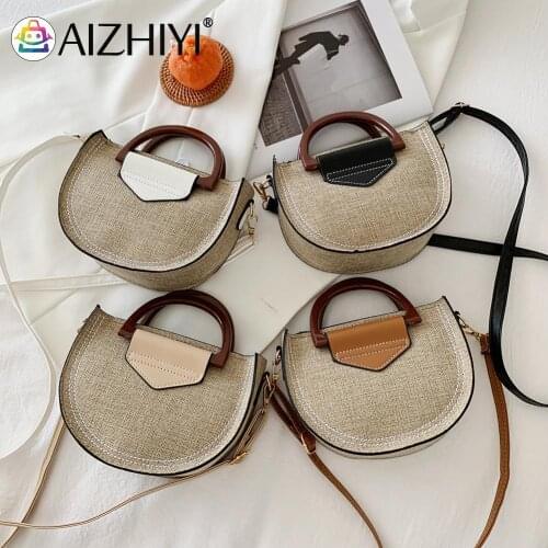Vintage Women Woven Contrast Color Patchwork Shoulder Bag Semicircle Crossbody Messenger Bags Casual Ladies Small Saddle Handbag
