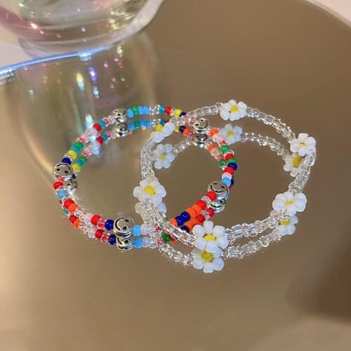 VSnow Summer Funny Multicolor Beading Smile Face Charm Bracelet for Women Girls Fashion Cute Flower Glass Bracelet Jewellery