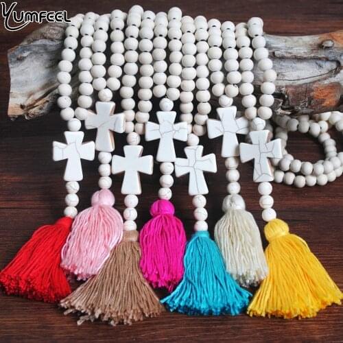 Yumfeel Brand New White Wood Beads Stone Cross Necklace Long Beaded Necklace Women Jewelry Gifts