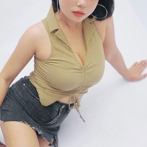 WOMENGAGA Autumn Base New Solid Color Short Drawstring Polo Neck Lapel Sleeveless Vest Top Kawaii Hot Sexy Korean Women W8BL