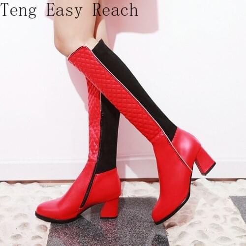 Women Boots Comfort Square Heel Knee High Boots Fashion Boots Women Pointed Toe Mixed Colors Autumn Winter Plush Shoes Woman