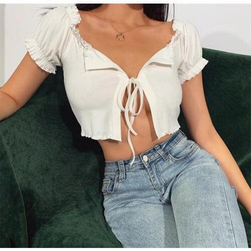 2020 New Summer Women Ruched Split Sexy tops Ladies Short Sleeve Ruffle Neck Cardigan Tee top Club Casual Front Tie up T Shirt