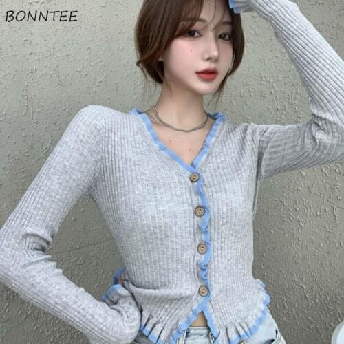 Cardigan Women V-neck Short Patchwork Single Breasted Ruched Full Sleeve Slim Designer Ulzzang Grey Daily Fashion Spring Lady