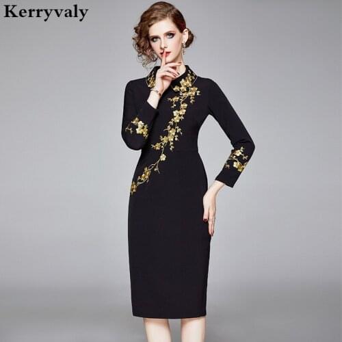 Spring Black Gold Thread Plum Blossom Embroidery Bodycon Dress Zomerjurk Dames 2021 Autumn Long Sleeve Midi Party Robe K9163