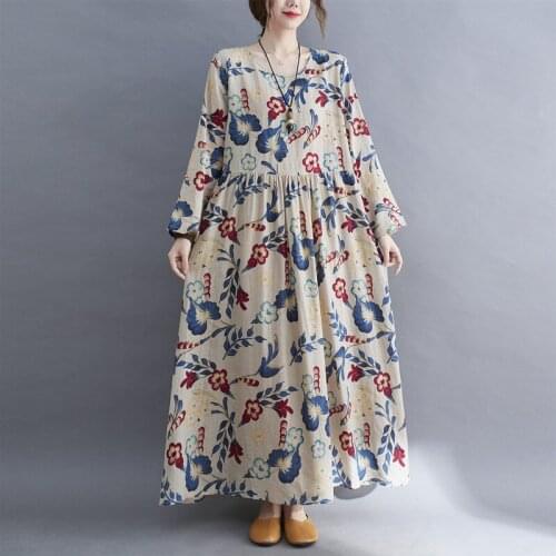 2021 New Arrival Long Sleeve Autumn Dress Print Floral Cotton Linen Vintage Office Lady OL Work Dress Women Casual Spring Dress