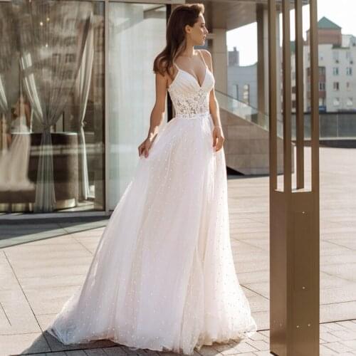 New Arrival V-Neck Spaghetti Straps Beads Appliques Lace Zipper Tulle A-Line Wedding Dress 2021 Vestido De Noiva Bridal Gown