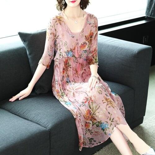 2021 New Women Sweet Floral Print Midi Silk Dress Vintage V-Neck Bow A-Line Dresses Pink Vestidos comfortable