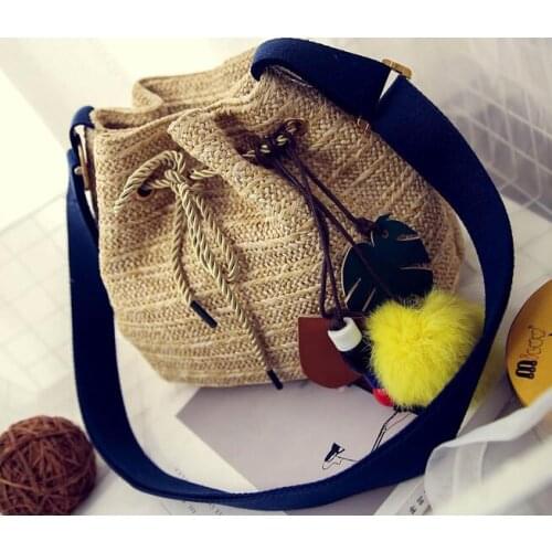 10 pcs fedex Wool Ball Bags Woman Shoulder Bag Summer Straw Beach Totes Drawstring Bucket Bag Crossbody Rope