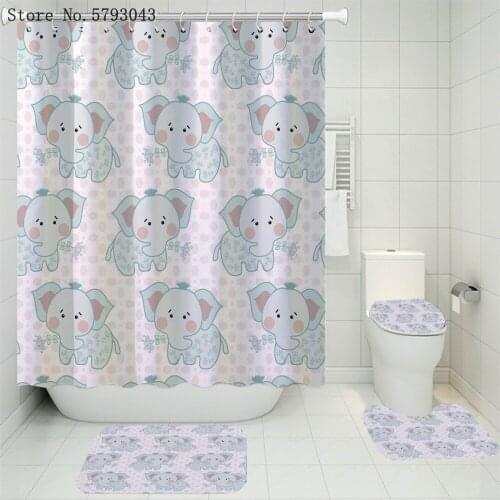 3/4 Pieces Elephant Bathroom Rugs Set Cartoon Bear Pedestal Rug Lid Toilet Cover Bath Mat Waterproof Home Custom Shower Curtain
