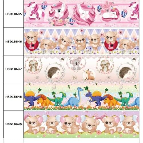 10yard Cartoon Bear Unicorn Dinosaur Printed Grosgrain Ribbon Accessory Hairbow Headwear Decoration DIY Wholesale OEM 38MM 75MM