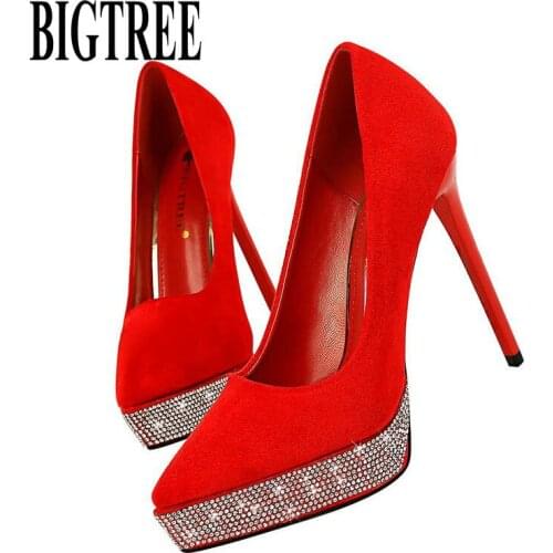 BIGTREE 2020 New Platform Heels Crystal High Heels Pointed Women Pumps Sexy Party Shoes Stiletto Wedding Shoes Suede Shoes Woman