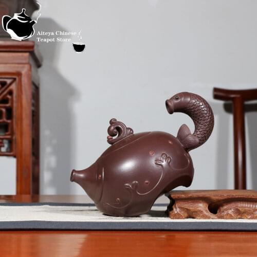 Yixing Purple Clay Pot Raw Ore Purple Mud Carp Leaping Dragon Gate Pot Kung Fu Tea Set Teapot 320ml