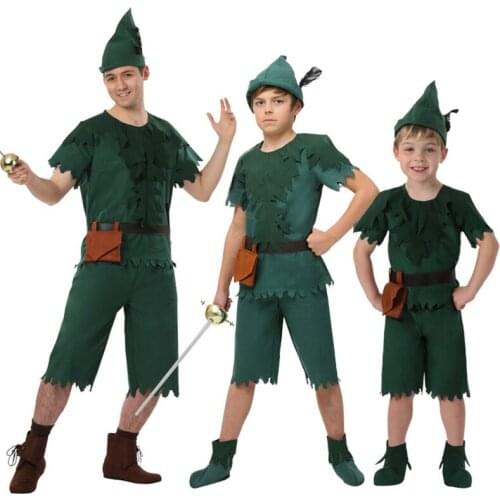 Peter Pan Kids Adult Dress Up Costumes T-shirt with Hat Belt Halloween Cosplay Party Boy for Fancy Carnival Role Play Clothing