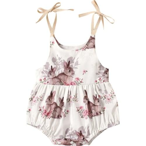 Infant Baby Girl Bodysuit Easter Clothes Rabbit Flower Print Suspender Strap Lace Up Jumpsuit Summer Cute Baby Bodysuit 0-2Y