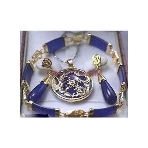 Beautiful purple jade Dragon Pendant Necklace Earrings Bracelet Set Fashion Wedding Party Jewellery