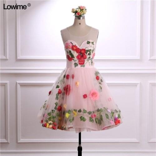 New Design Short Cocktial Dresses With Handmade Flowers Tulle Sheer Neck O-Neck Evening Prom Party Gowns Free Shipping