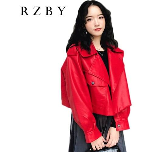 RZBY 2020 New Autumn White Black Red Womens Retro Pocket Casual Loose Soft Faux PU Leather Jacket Coat Street Punk Motorcyclist