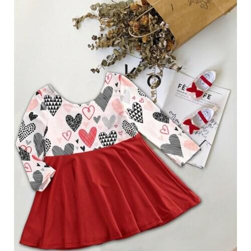 Sweet Baby Girls Kids Valentines Day Clothes Love Print Tops Dress Outfits Long Sleeve O-neck Patchwork Dresses