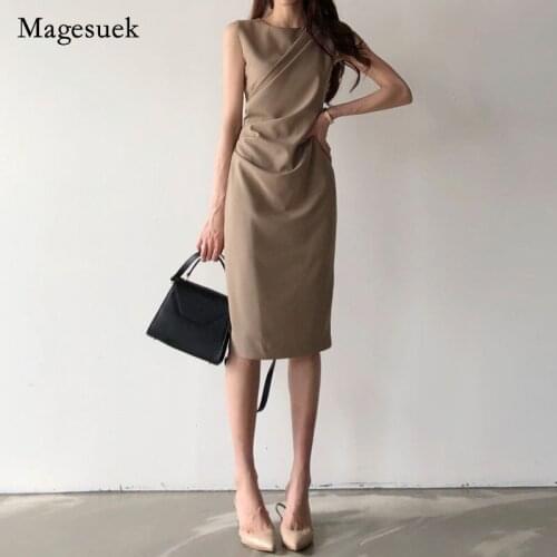 Solid Color Women Summer Dress Cotton O-Neck Slim Sleeveless Dress Temperament Casual Office Lady Buttock Dress Vestidos 13952