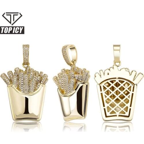 Hip hop 14k gold plated cz stones french fries bling cubic zircon necklace pendant for men women jewelry
