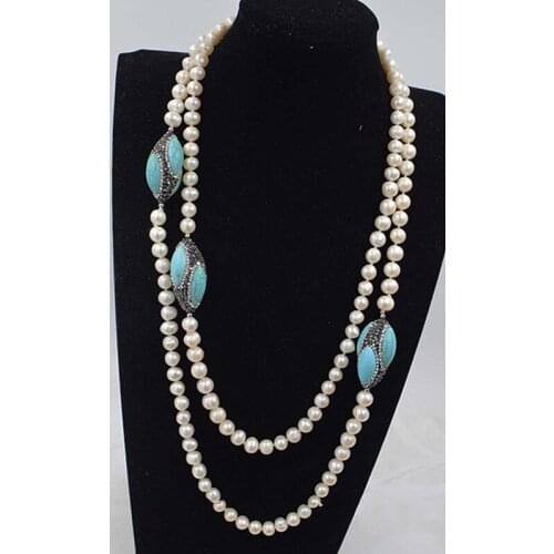Freshwater Pearl white round 8-9mm +green howlite Turquoise egg long necklace 120cm wholesale for women xmas gift